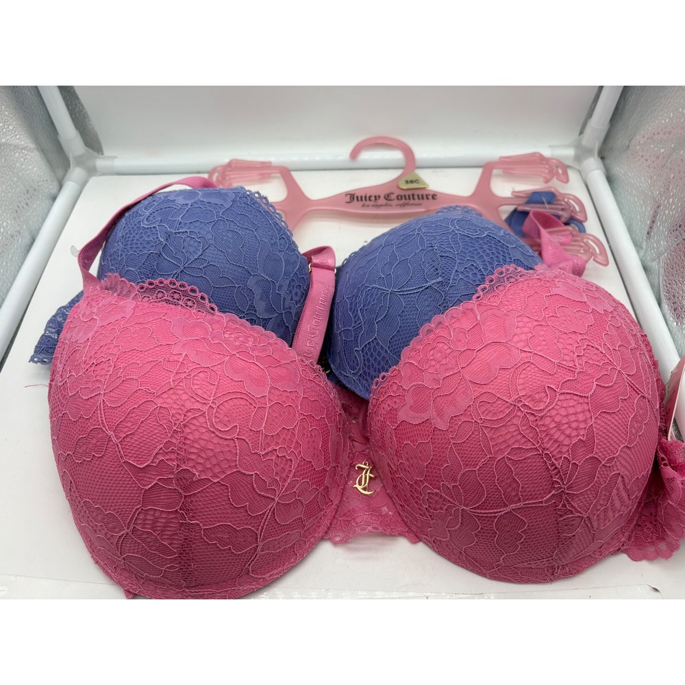 Juicy Couture Bra 2 Pack NWT 38C Pink Blue Floral Lace Underwire Push Up Set